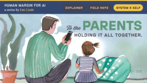 Emi Linds | The human margin | Watercolour illustration of a parent on their phone beside a child holding a green polka-dot blanket. A tribute to working parents’ quiet strength.