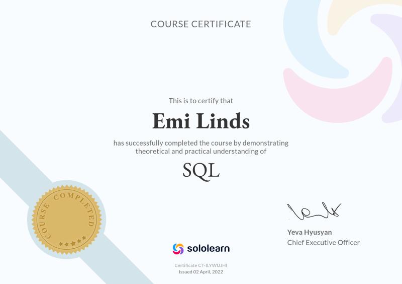 Emi Linds - SQL Certification (Sololearn)