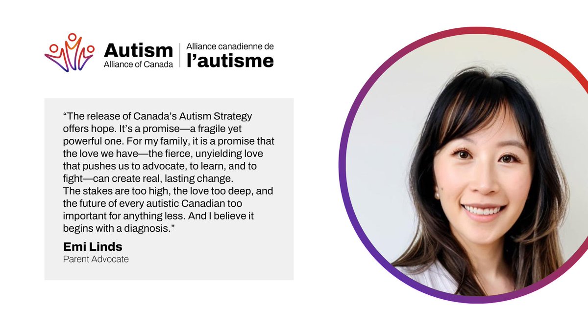 Portrait of Emi Linds, parent advocate and strategist, with quote on Canada’s Autism Strategy from the Autism Alliance of Canada.