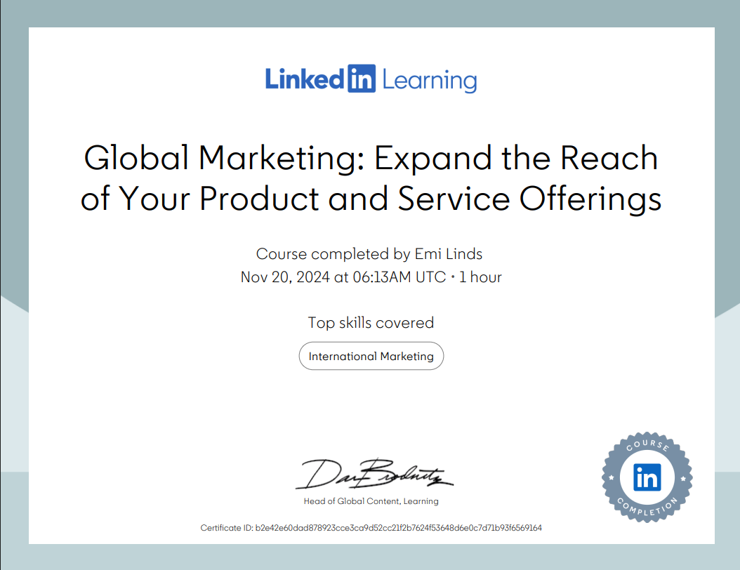 Emi Linds - Global Marketing Strategy Certification