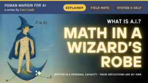 Illustration of a wizard composed of mathematical equations standing atop a gradient descent curve labeled J(w, b), with glowing typography reading “Math in a Wizard’s Robe.”