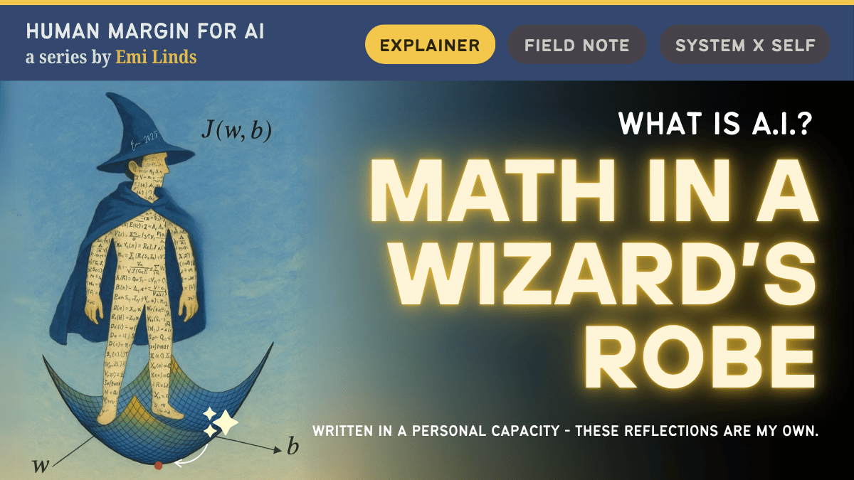 Illustration of a wizard composed of mathematical equations standing atop a gradient descent curve labeled J(w, b), with glowing typography reading “Math in a Wizard’s Robe.”