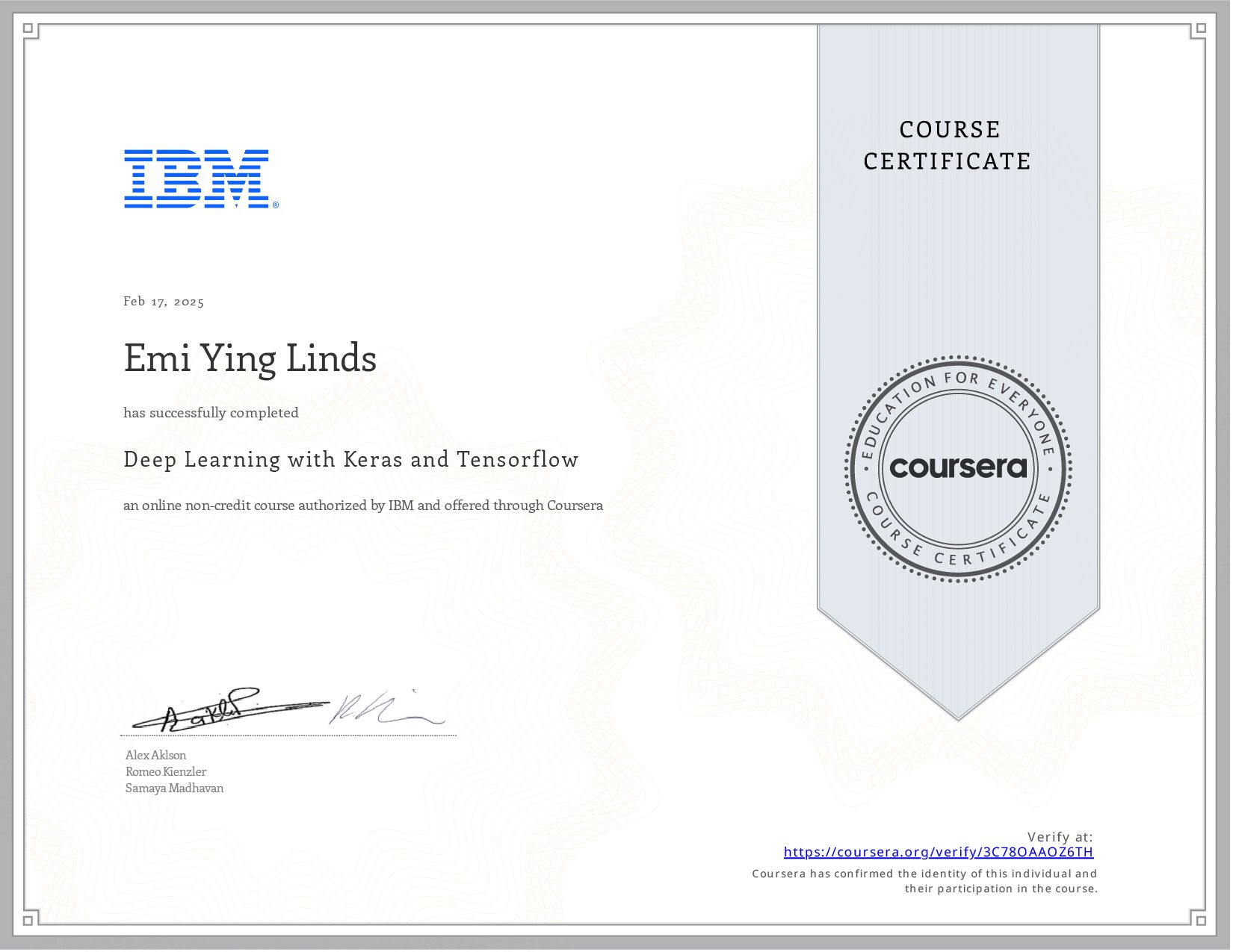 Emi Linds - Advanced Deep Learning Specialist (IBM Certification)
