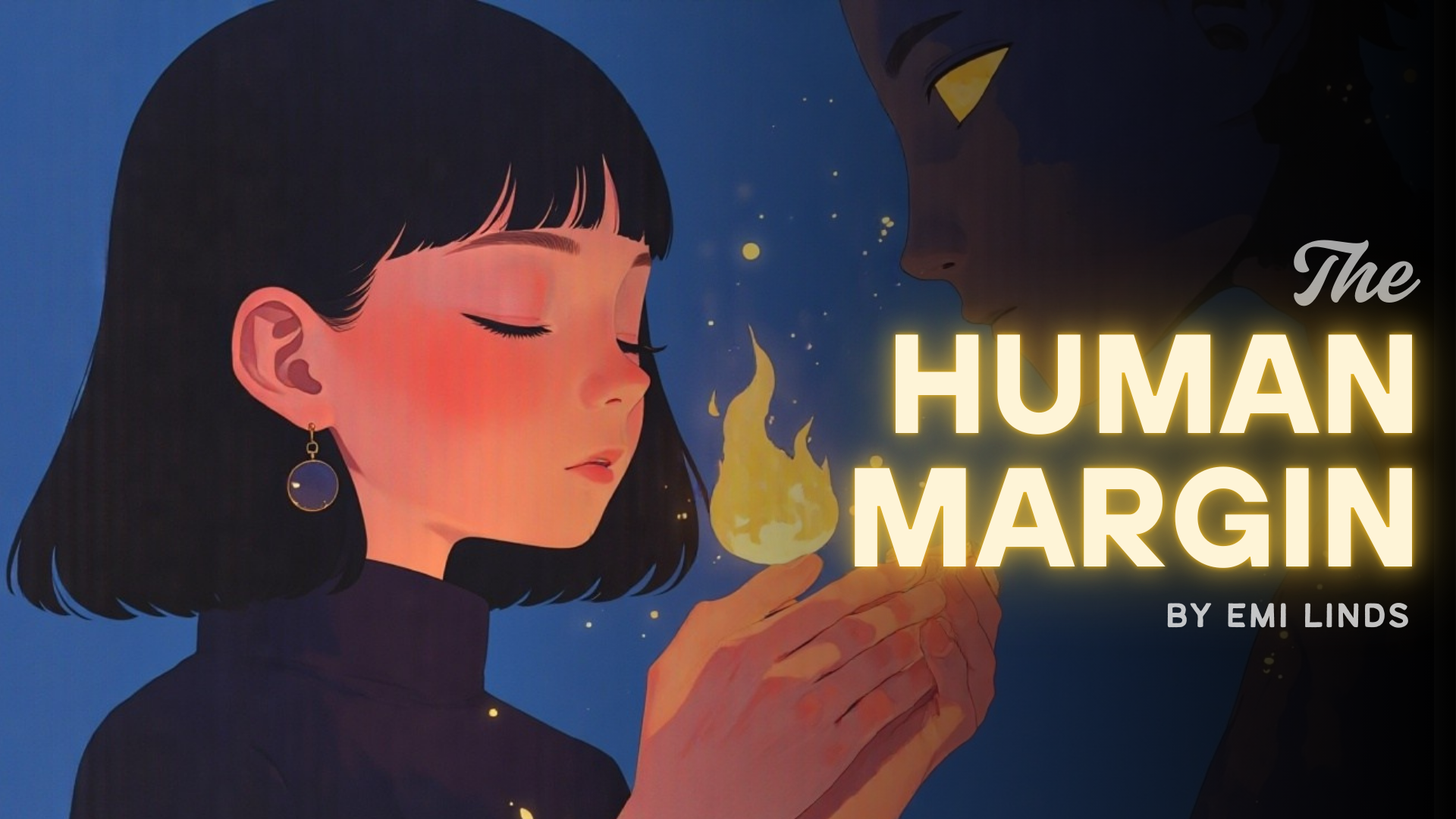 Digital illustration of a woman with closed eyes holding a small flame, facing a shadowed figure. Glowing text reads "The Human Margin by Emi Linds".