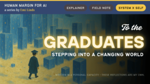 A lone graduate in a dark robe walks through a surreal city of glowing blue blocks - symbolizing stepping into an uncertain future by Emi Linds.