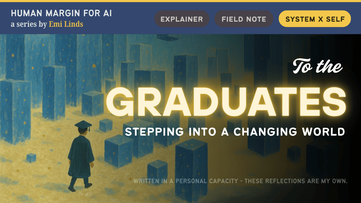 A lone graduate in a dark robe walks through a surreal city of glowing blue blocks - symbolizing stepping into an uncertain future by Emi Linds.