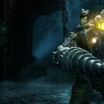 A heavily armored Big Daddy stands in dark, underwater ruins with a glowing-eyed Little Sister on his back, set in the dystopian world of BioShock.