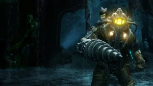 A heavily armored Big Daddy stands in dark, underwater ruins with a glowing-eyed Little Sister on his back, set in the dystopian world of BioShock.