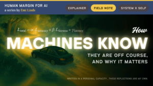Illustrated image of a car driving along a glowing forest road at night, guided by a winding yellow path with overlaid math formula for multi-objective loss. The text reads: “How Machines Know They Are Off Course, and Why It Matters.”