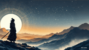 A stylized silhouette of a samurai standing before a luminous circular grid and layered mountain terrain - symbolizing clarity, presence, and systems thinking.