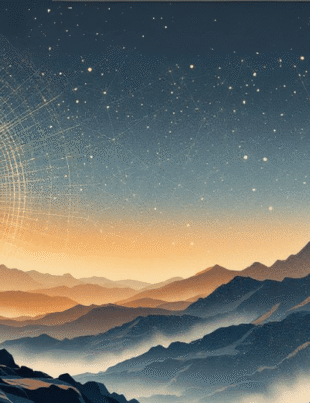 A stylized silhouette of a samurai standing before a luminous circular grid and layered mountain terrain - symbolizing clarity, presence, and systems thinking.