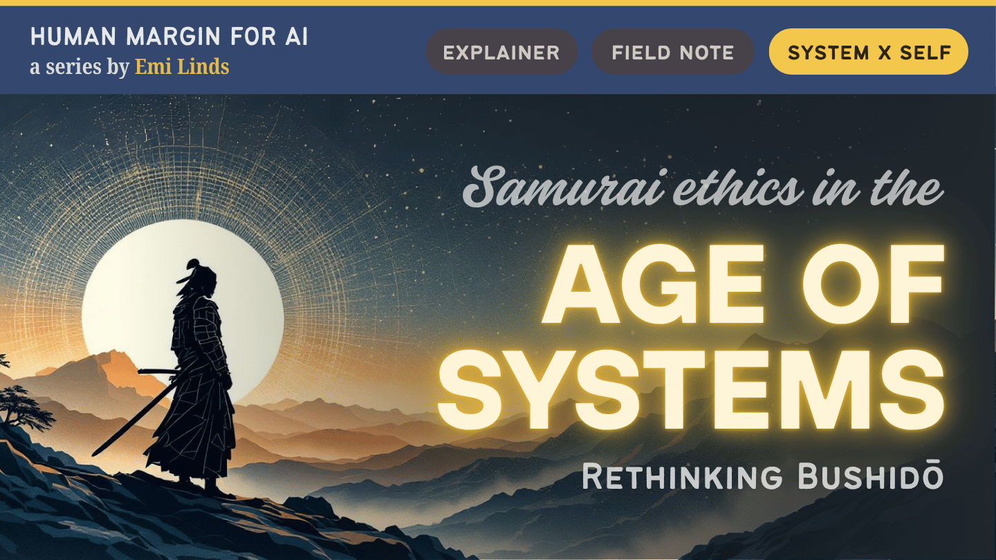 A stylized silhouette of a samurai standing before a luminous circular grid and layered mountain terrain - symbolizing clarity, presence, and systems thinking.