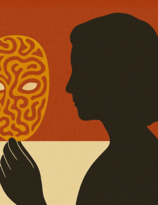 A person holding a swirling, abstract mask labeled with emotional confusion, facing forward with a calm, faceless presence. The mask symbolizes outdated coping mechanisms like legacy hierarchy or ambiguity. Artwork in warm yellow and muted blue tones, titled “Notes to Self” by Emi Linds.
