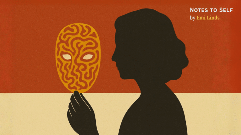 A person holding a swirling, abstract mask labeled with emotional confusion, facing forward with a calm, faceless presence. The mask symbolizes outdated coping mechanisms like legacy hierarchy or ambiguity. Artwork in warm yellow and muted blue tones, titled “Notes to Self” by Emi Linds.