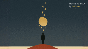 Minimalist illustration of a lone person standing on a red hill beneath a dark sky, watching a glowing golden boulder dissolve into fragments — symbolizing transformation, freedom, and the redefinition of human worth in the age of AI.