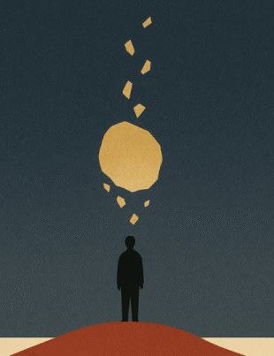 Minimalist illustration of a lone person standing on a red hill beneath a dark sky, watching a glowing golden boulder dissolve into fragments — symbolizing transformation, freedom, and the redefinition of human worth in the age of AI.