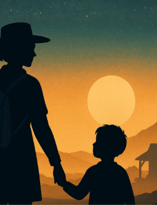 Silhouette of a mother holding her child’s hand at sunrise in a Western landscape, inspired by Red Dead Redemption 2 — symbolizing reflection, legacy, and quiet leadership.