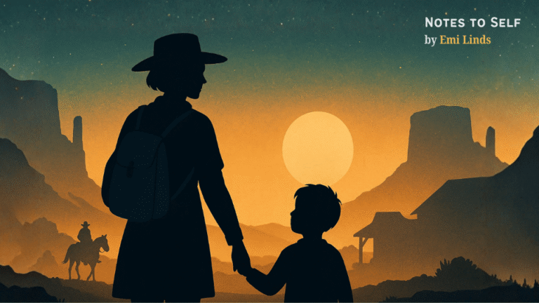 Silhouette of a mother holding her child’s hand at sunrise in a Western landscape, inspired by Red Dead Redemption 2 — symbolizing reflection, legacy, and quiet leadership.