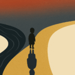 Minimalist illustration of a child standing at a fork in two rivers — one dark and one golden — with their reflection forming the shadow of an adult. Symbolizing early intervention, the making of a villain, and the power of care versus control. Artwork by Emi Linds for Upstream Interventions and the Making of a Fictional Villain.