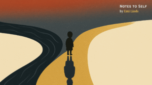 Minimalist illustration of a child standing at a fork in two rivers — one dark and one golden — with their reflection forming the shadow of an adult. Symbolizing early intervention, the making of a villain, and the power of care versus control. Artwork by Emi Linds for Upstream Interventions and the Making of a Fictional Villain.