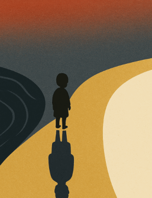 Minimalist illustration of a child standing at a fork in two rivers — one dark and one golden — with their reflection forming the shadow of an adult. Symbolizing early intervention, the making of a villain, and the power of care versus control. Artwork by Emi Linds for Upstream Interventions and the Making of a Fictional Villain.