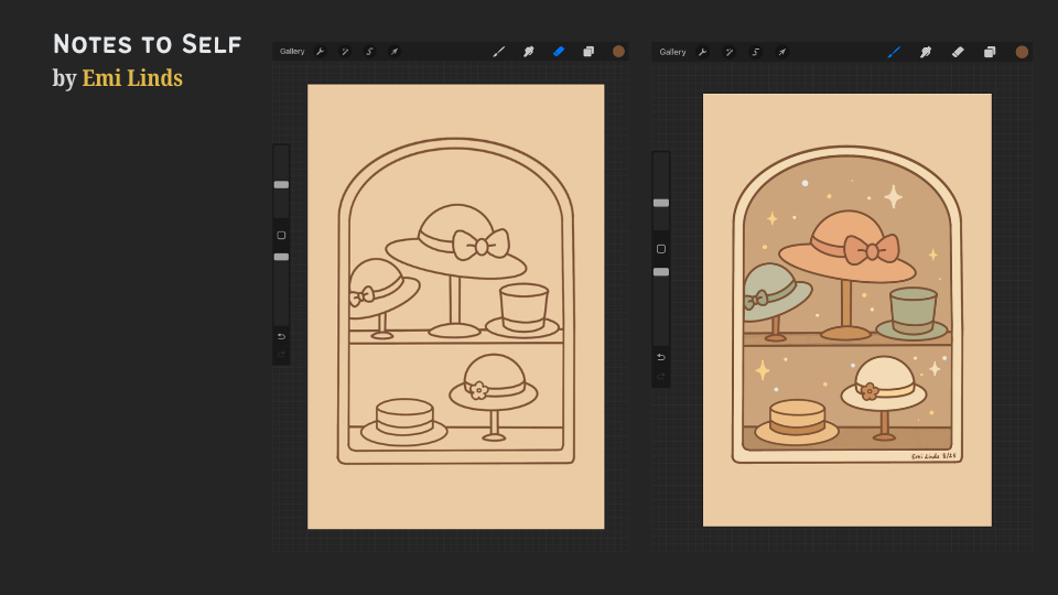 Whimsical hat shop illustration by Emi Linds, featuring five hats in a shop window inspired by Howl’s Moving Castle, with warm pastel colors and magical sparkles.