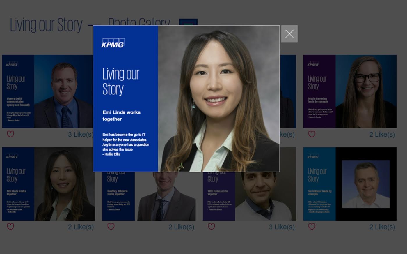 Emi Linds receiving recognition at KPMG Canada for her contributions as an Associate, highlighting her collaboration and IT support for new associates.