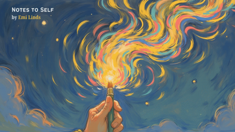 Hand holding a glowing pen releasing a swirl of colorful light into a starry sky, symbolizing creative spark and imagination, Notes to Self by Emi Linds.
