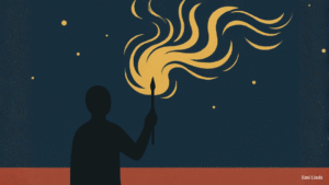 Hand holding a glowing pen releasing a swirl of colorful light into a starry sky, symbolizing creative spark and imagination, Notes to Self by Emi Linds.