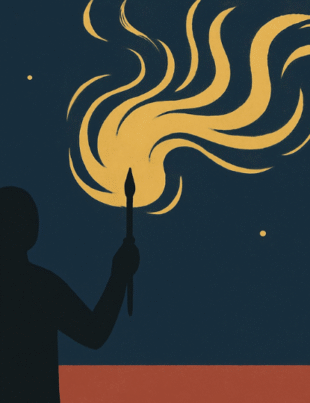 Hand holding a glowing pen releasing a swirl of colorful light into a starry sky, symbolizing creative spark and imagination, Notes to Self by Emi Linds.