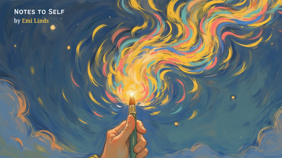Hand holding a glowing pen releasing a swirl of colorful light into a starry sky, symbolizing creative spark and imagination, Notes to Self by Emi Linds.