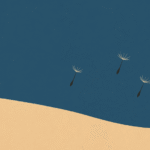 Dandelion seeds drifting mid-flight against a blue sky and grassy hill, symbolizing hope and detachment without losing momentum.