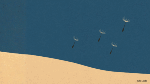 Dandelion seeds drifting mid-flight against a blue sky and grassy hill, symbolizing hope and detachment without losing momentum.