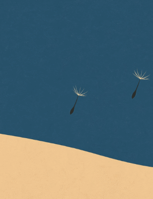 Dandelion seeds drifting mid-flight against a blue sky and grassy hill, symbolizing hope and detachment without losing momentum.
