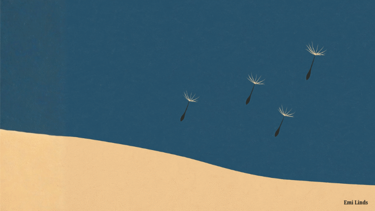 Dandelion seeds drifting mid-flight against a blue sky and grassy hill, symbolizing hope and detachment without losing momentum.