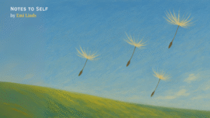 Abstract gouache painting by Emi Linds of dandelion seeds drifting mid-flight against a blue sky and grassy hill, symbolizing hope and detachment without losing momentum.