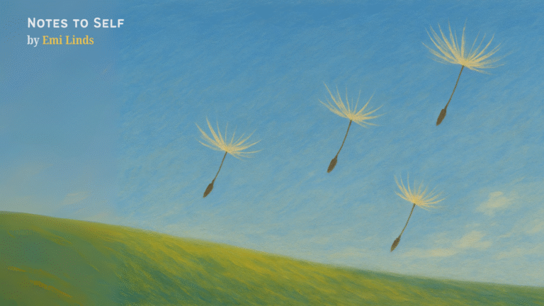 Abstract gouache painting by Emi Linds of dandelion seeds drifting mid-flight against a blue sky and grassy hill, symbolizing hope and detachment without losing momentum.