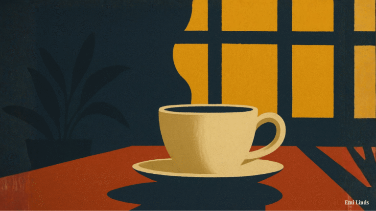 Warm morning light shining through a window onto a coffee cup on a wooden table – cover image for Notes to Self by Emi Linds.