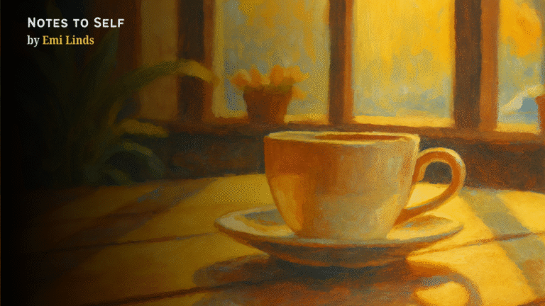 Warm morning light shining through a window onto a coffee cup on a wooden table – cover image for Notes to Self by Emi Linds.