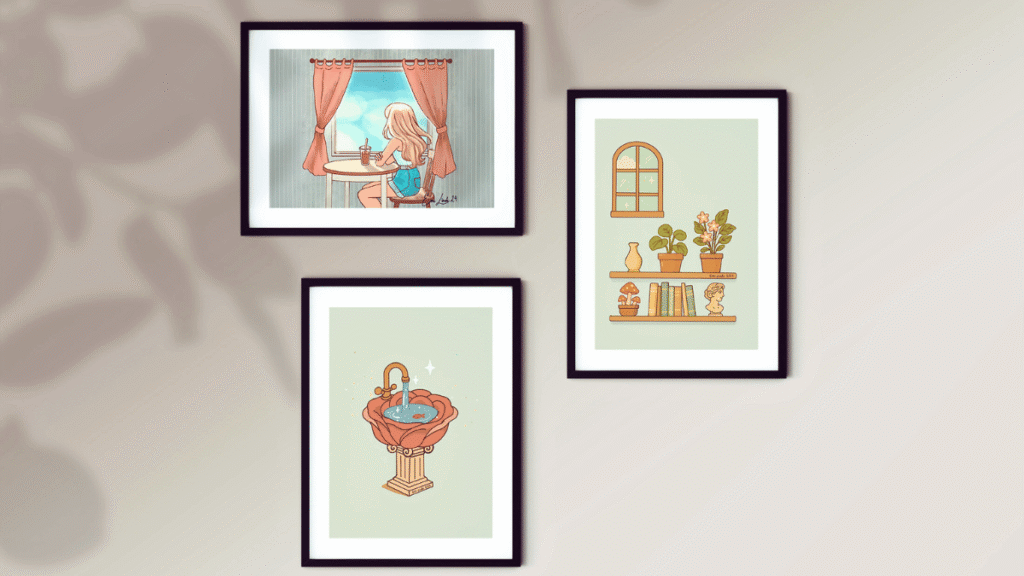 Portfolio image of five whimsical digital illustrations by Emi Linds, including strawberry shortcake, a magical objects scene, a hat shop window, a girl at a café window, and a portrait with starry background.