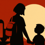 Mother and child holding hands at a school bus stop in September, part of Notes to Self by Emi Linds.