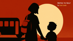 Mother and child holding hands at a school bus stop in September, part of Notes to Self by Emi Linds.