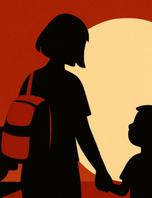 Mother and child holding hands at a school bus stop in September, part of Notes to Self by Emi Linds.