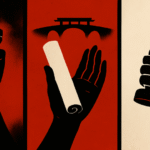 Illustration symbolizing Japan’s unification through systems change: a hand breaking chains (disruption), a hand holding a scroll (reform), and a hand with a seal (governance).