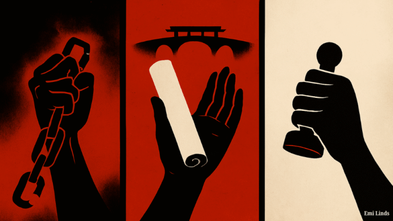 Illustration symbolizing Japan’s unification through systems change: a hand breaking chains (disruption), a hand holding a scroll (reform), and a hand with a seal (governance).
