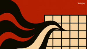 Minimalist abstract art showing a fluid black wave merging into a geometric beige grid on a red background, symbolizing adaptive leadership, clarity, and systems thinking. (Keywords: adaptive leadership, clarity, systems thinking, AI era, future of work)