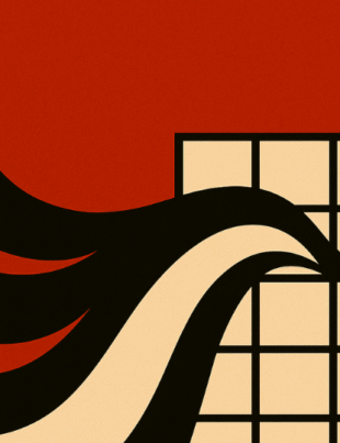 Minimalist abstract art showing a fluid black wave merging into a geometric beige grid on a red background, symbolizing adaptive leadership, clarity, and systems thinking. (Keywords: adaptive leadership, clarity, systems thinking, AI era, future of work)