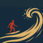 Minimalist Japanese-style illustration of a red silhouette surfing a golden wave on a navy background, symbolizing balance, adaptability, and agency within chaos.