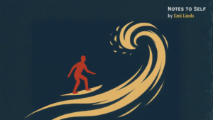 Minimalist Japanese-style illustration of a red silhouette surfing a golden wave on a navy background, symbolizing balance, adaptability, and agency within chaos.