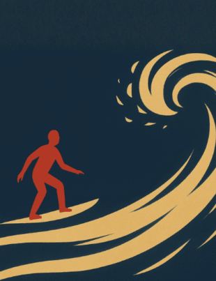 Minimalist Japanese-style illustration of a red silhouette surfing a golden wave on a navy background, symbolizing balance, adaptability, and agency within chaos.